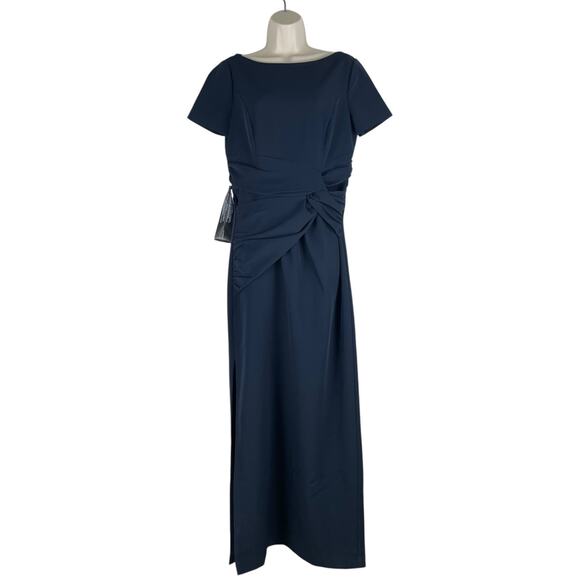 Kay Unger Garbo Gathered Column Gown Short Sleeve Carbon Blue Size 8 - Picture 5 of 14
